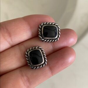 Vintage Square Sterling Silver Onyx Earring 925
